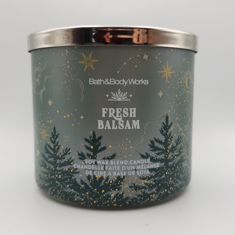 Bath & Body Works 3 Wick Candle FRESH BALSAM  Stars Fir Forest Winter Scene